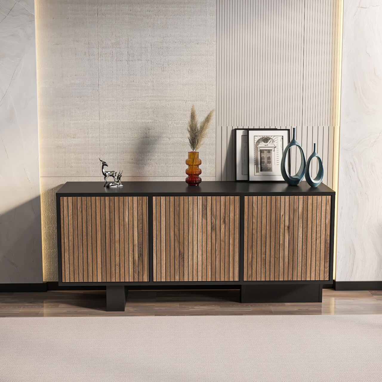 Bufet, Hanah Home, Monaco, 150x51.5x45 cm, Negru / Nuc deschis - imagine 6